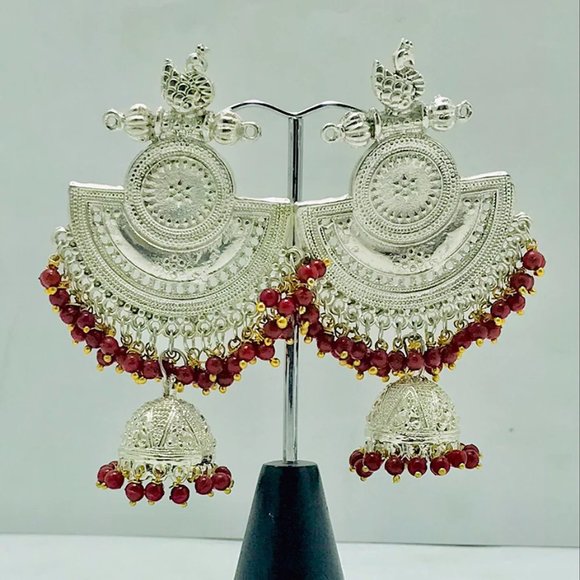 Massive Dangle Earrings, Oxidized Silver Indian Earrings, Handmade Silver Tone - Picture 4 of 6